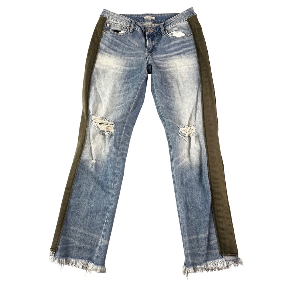 Dear John Erin Slim Straight Distressed Mixed Media Jeans Olive Stripe Size 26